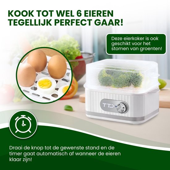 TTD® Smart Egg Boiler Electric with Timer - Convient pour 1 à 6 oeufs - à la coque, à la molle ou semi-molle - Egg timer - Egg Boiler Electric - Comprend un coquetier et un gobelet gradué