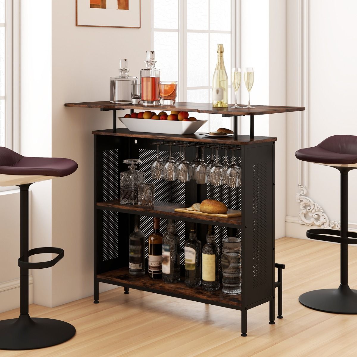 Table haute Coast avec espace de rangement - structure métallique - pieds réglables - marron et noir