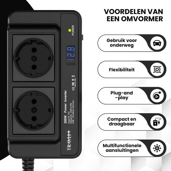 Travli Onduleur 12v 230v - Chargeur de voiture - Onduleur portable - 2x prise 230V - 4x ports de charge usb 5V