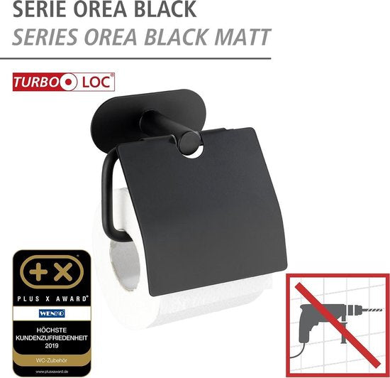 Porte-rouleau de papier toilette WENKO Turbo-Loc® avec clapet Orea, acier inoxydable noir mat - Porte-rouleau de papier toilette - Fixation sans perçage - Autocollant - Garantie 10 ans