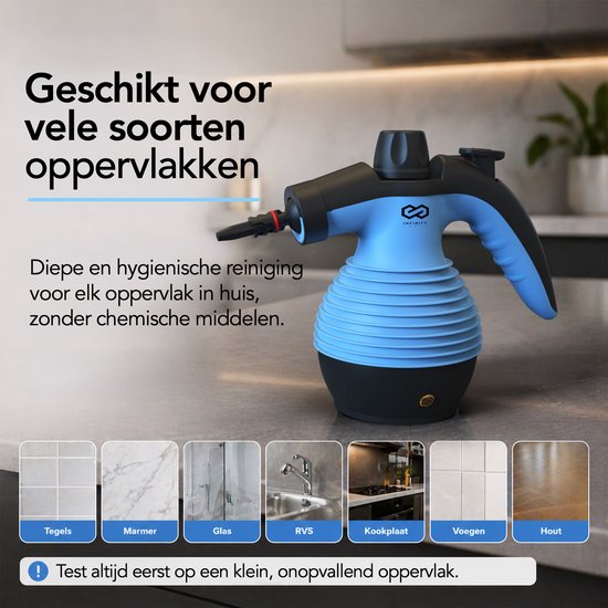 Nettoyeur vapeur Infinity Goods - Nettoyeur vapeur à main 12-en-1 - Nettoyeur vapeur à main - Détachant - Nettoyeur de tapis - 10 embouts - 1 050 watts - 3,2 bars - Bleu