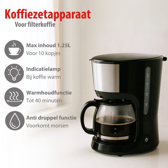 Cafetière Alpina à filtre 750 W - Cafetière avec filtre réutilisable - Cafetière avec carafe en verre de 1,25 L - 10 tasses de café à la fois - Cafetière anti-gouttes