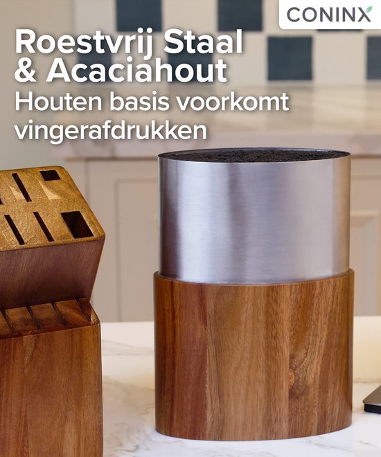 Bloc à couteaux Coninx Saporo - Porte-couteaux universel en bois et acier inoxydable - Support à couteaux sans couteaux - Porte-couteaux de cuisine en bois d'acacia