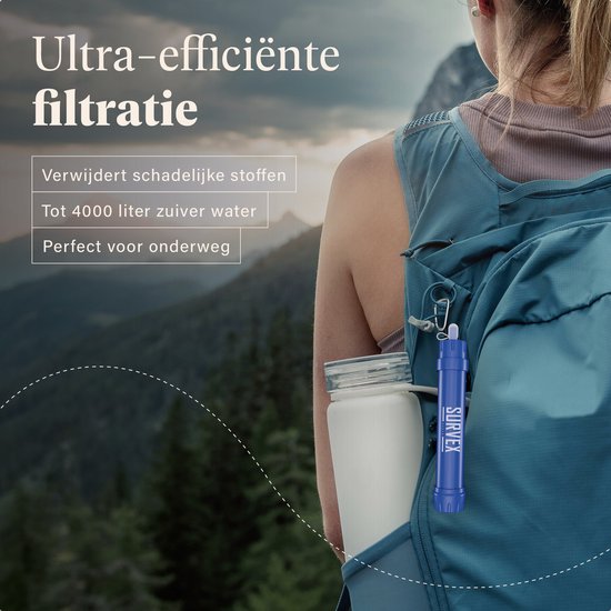 SURVEX Personal Water Filter Straw XL 4000L - Unique KDF-55 Filter - Water Filter Survival & Outdoor - BPA-free - Emergency Kit for Home - Complete Set Water Purifier - Drinking Bottle Water Purification Outdoor - Survival Kit - Blue