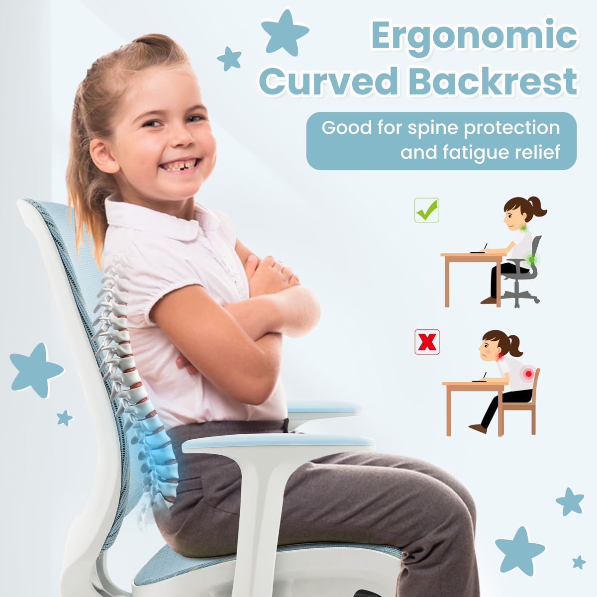 Fauteuil pivotant pour enfant Coast - réglable en hauteur - dossier et accoudoirs ergonomiques - bleu