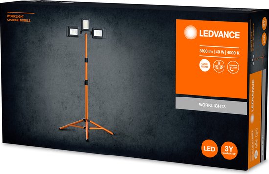 LEDVANCE Lampe de travail LED : pour le sol, WORKLAMP BATTERY STATTERY / 4-,- W, 22-...24- V, angle de rayonnement : 11-, Cool White, 4- K, matériau du boîtier : aluminium/plastique, IP54
