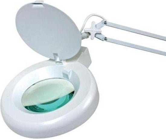 Lampe Loupe Velleman : Pince, Bras Pivotant, Interrupteur Marche/Arrêt, Économie d'Énergie (22 W), Grossissement 2,25x - Idéale pour Enfants, Adultes, Seniors, Lecture, Peinture au Diamant, Hobby, et Travail - Blanc