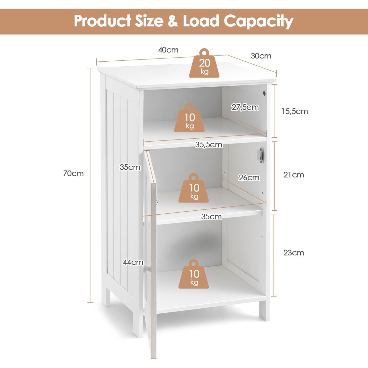 Meuble de salle de bain Coast avec porte - 3 niveaux - 40 x 30 x 70 cm - blanc