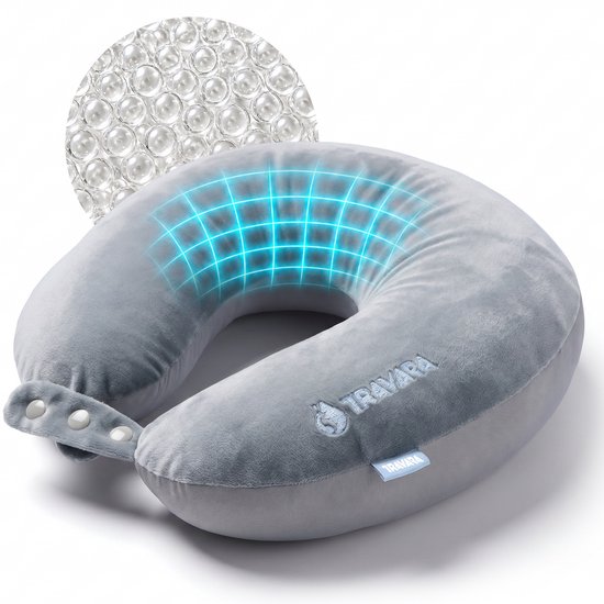 TRAVARA Oreiller cervical The Snuggo - Oreiller de voyage à microbilles pour l'avion - Oreiller de voiture - Oreiller de voyage - Gris clair