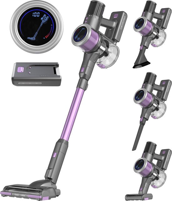 Aspirateur sans fil - Auronic - Sans sac - Sur batterie - Autonome - 350W - Batterie supplémentaire - Gris/Pourpre