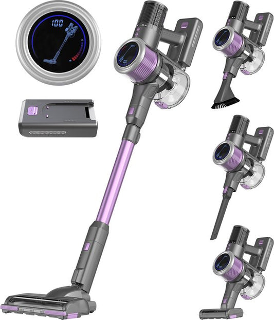 Aspirateur sans fil - Auronic - Sans sac - Sur batterie - Autonome - 350W - Batterie supplémentaire - Gris/Pourpre