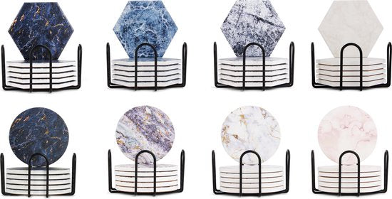 Castagnola Sous-verres en céramique avec support - Sous-verres pour verres - Sous-verres design - Sous-verres - Sous-verres à boire - Céramique - Liège - Lot de 6 - Bleu