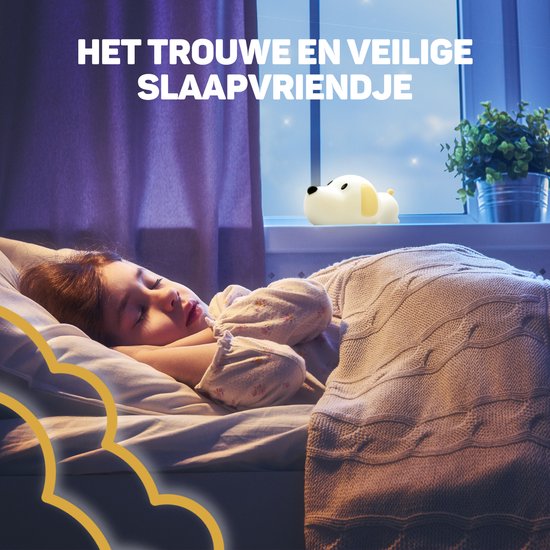 Vulpes Goods® Veilleuse pour enfants - Lumière LED et 8 couleurs - Veilleuse pour chambre de bébé - Chiot - Rechargeable par USB - Variateur - Minuteur - Sans fil - Adapté aux enfants