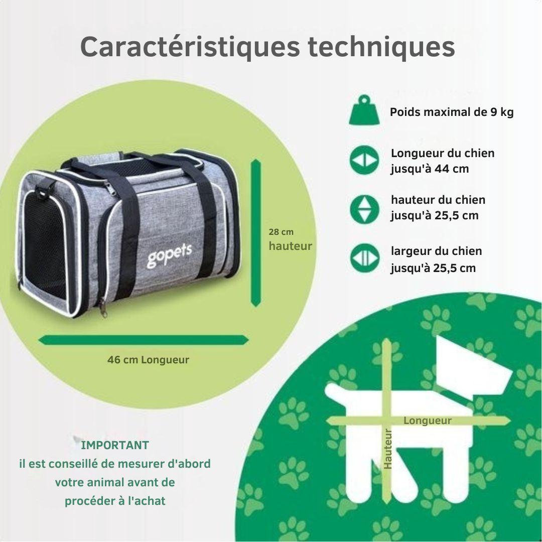 Sac de voyage pour chien et chat Gopets - Convient pour l'avion - Jusqu'à 9,5 kg - 46 x 28 x 28 cm - Gris