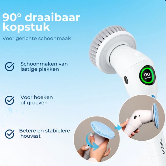Beepro - Brosse de nettoyage électrique - Brosse avec manche - 10 accessoires