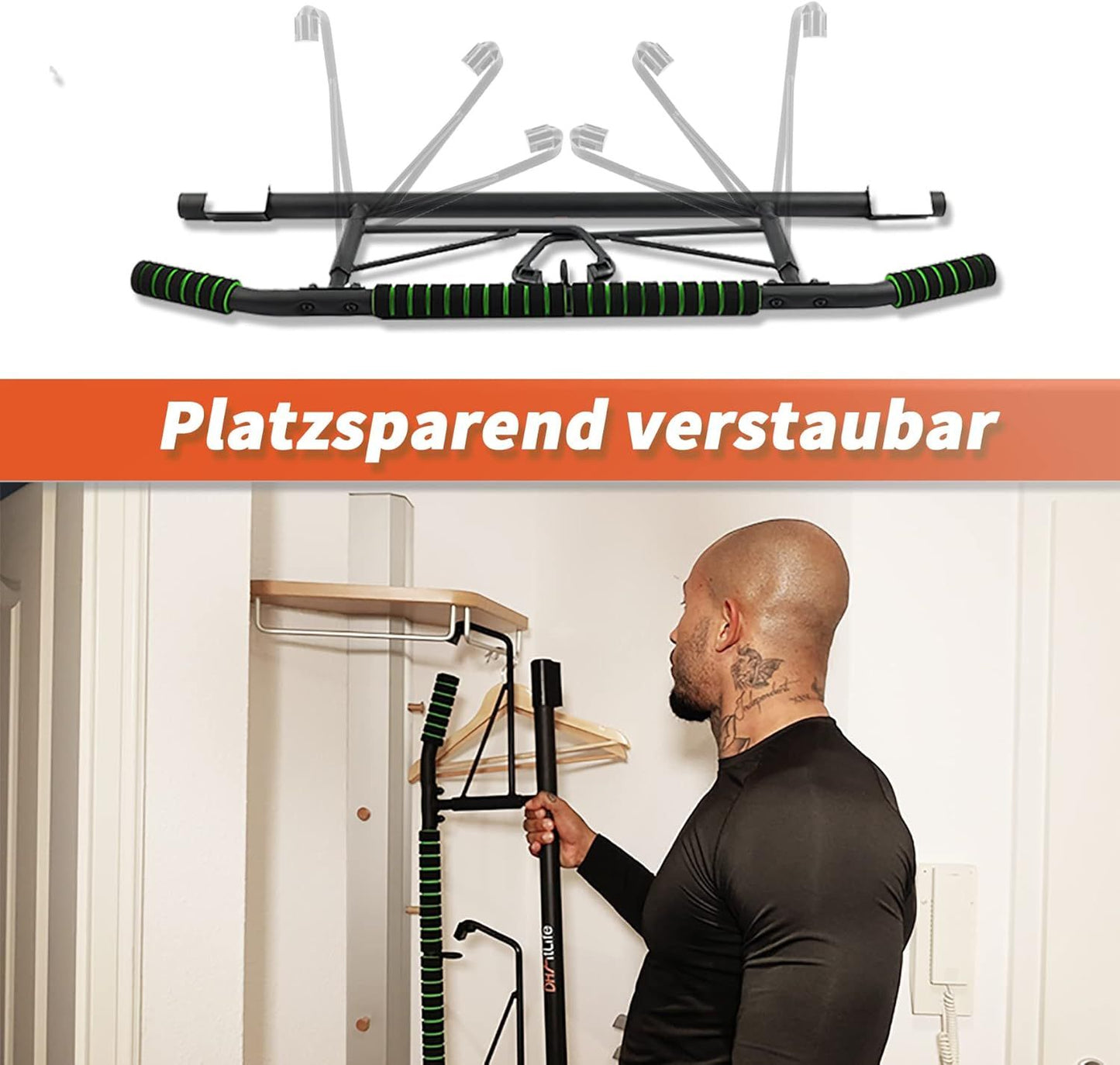 DH FitLife Barre de traction pour porte - Barre de traction sans vis avec Slingtrainer - Noir/Vert - 70-92 cm