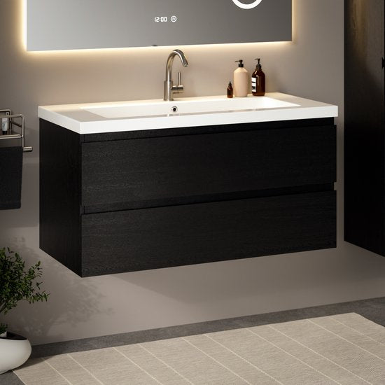 Meuble de salle de bains Mirlux en chêne noir 80 cm - Lavabo blanc - Ensemble de meubles de salle de bains - Meuble-lavabo en chêne noir