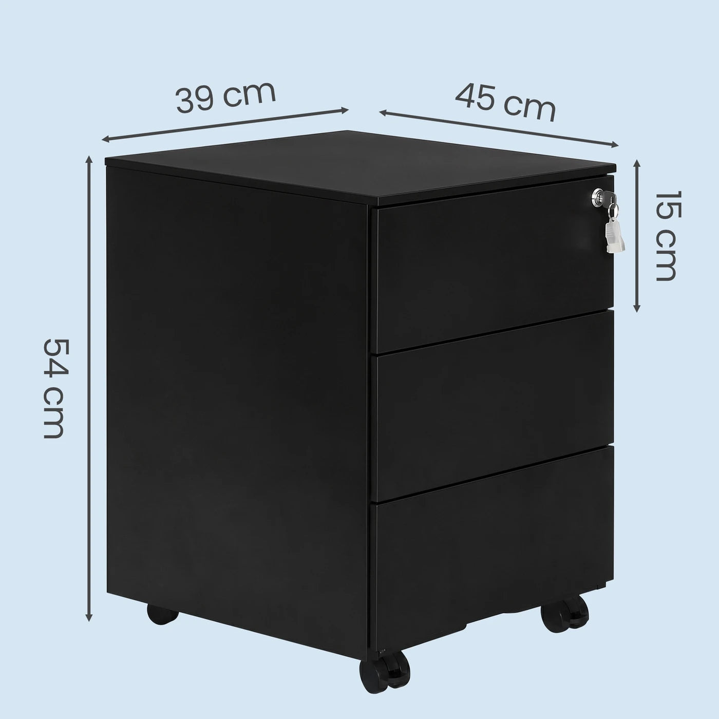 Armoire à dossiers mobile verrouillable Ochama Matte Black – 3 tiroirs, pré-assemblée, pour ranger des documents et des fournitures de bureau, 39 x 45,1 x 53,8 cm – Rangement compact pour le bureau ou le bureau à domicile