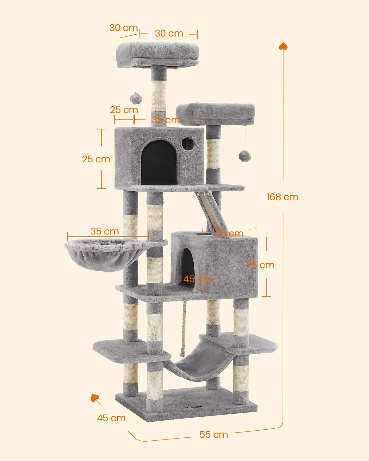 JOYFURNOS Grand arbre à chat 168 cm - 14 zones à griffer, 2 perchoirs, 2 niches, hamac et panier - Gris clair - 55 x 45 x 168 cm
