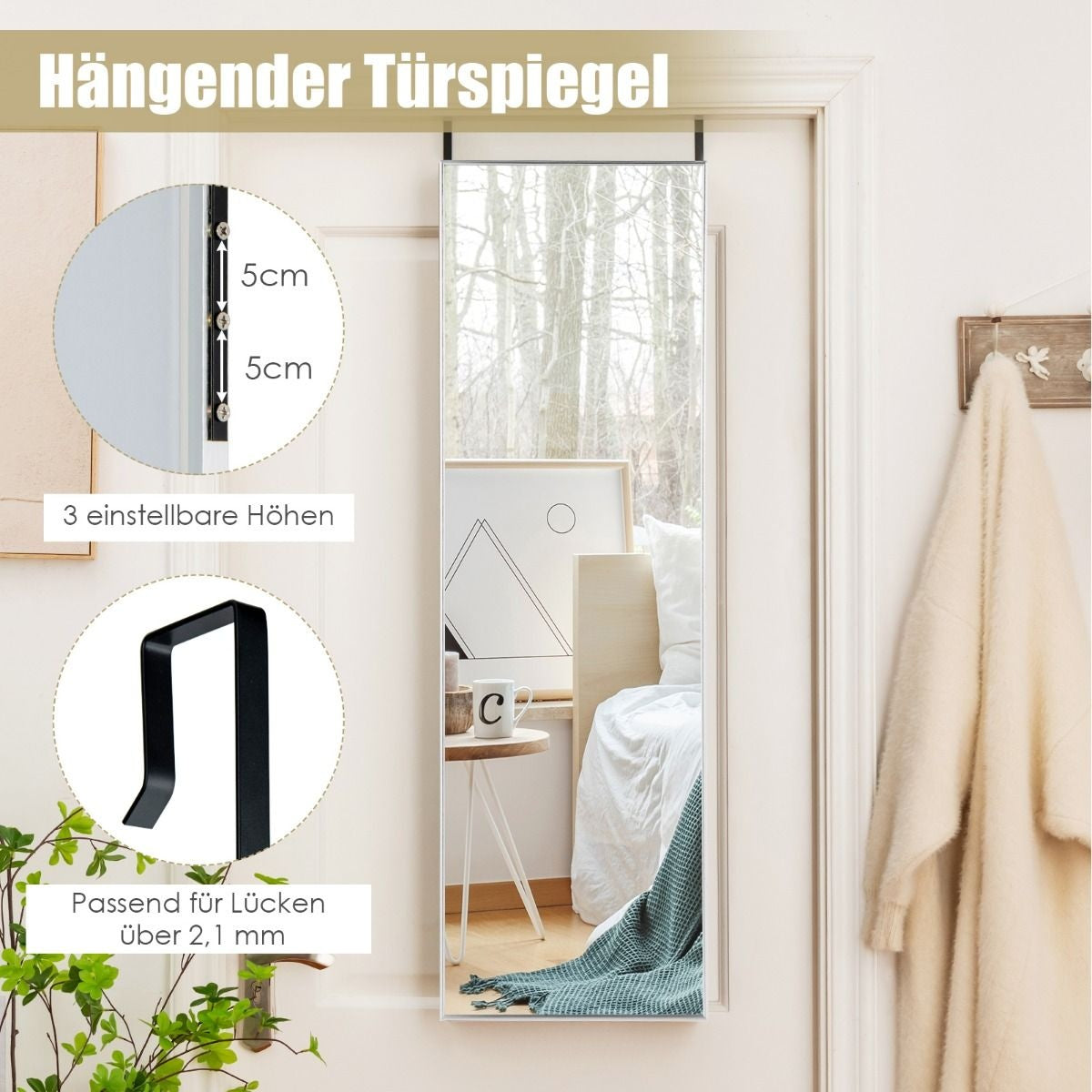 Côte 37 x 120 cm Miroir mural à hauteur d'homme avec crochets réglables en hauteur Miroir mural argenté