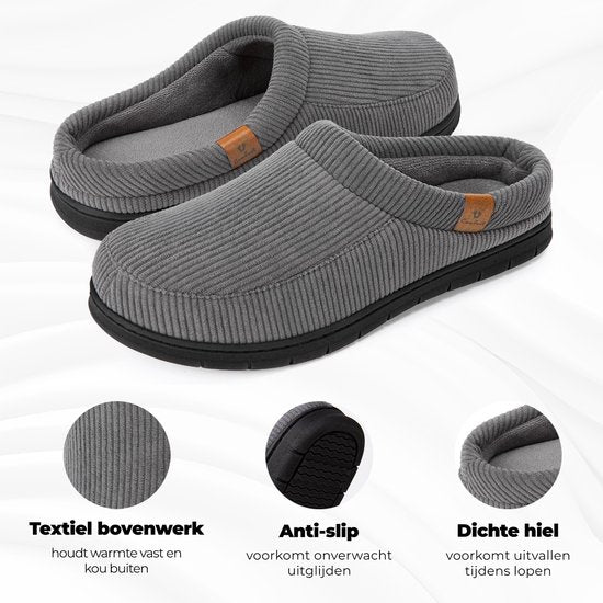 Chaussons Hommes - Chaussons - Taille 42/43 - Gris - Velours côtelé - Antidérapant - Comfeet