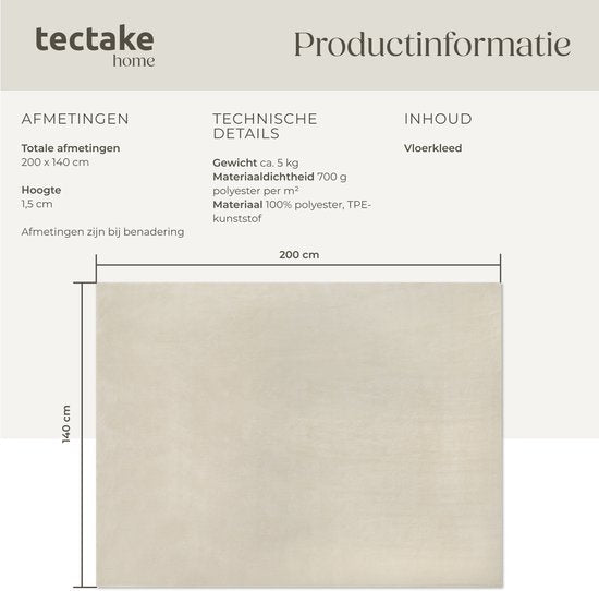 tectake® Tapis à poils courts -140 x 200 cm - Beige - Tapis pour le salon, la chambre à coucher, la salle à manger - Facile d'entretien et lavable - Sous-couche antidérapante - Antiallergique - Diverses tailles et couleurs