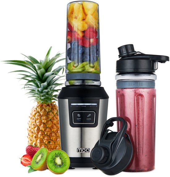 MOA Blender - Blender to Go - Mini Blender - 2 gobelets en Tritan de 600ml - Smoothie Maker - 800W - Silver - MB10S