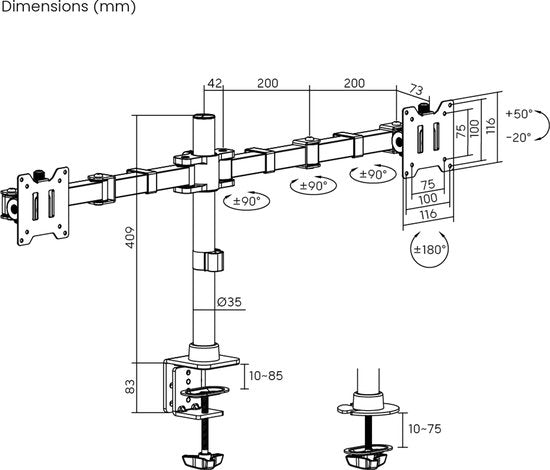DMV Gaming - Bras pour moniteur - Bras pour moniteur robuste - max 20kg - max 49 pouces - 2 moniteurs