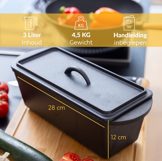 Chefarone Gietijzeren Broodvorm – Broodbakvorm – Bakvorm - Cakevorm Rechthoek - Ambacht Brood Bakken uit eigen Oven– Inclusief Deksel, Spatel en Rijsmand - 35 x 13,5 x 12,5 cm