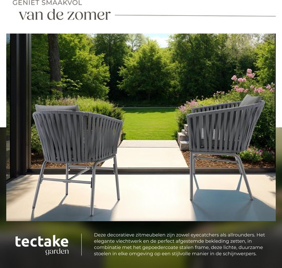 tectake® Chaise de jardin, lot de 2, chaise d'extérieur en métal, chaise de patio avec accoudoirs, chaise longue, fauteuil de jardin, mobilier de jardin, mobilier de balcon, set de jardin lounge, coussins déperlants, pieds réglables