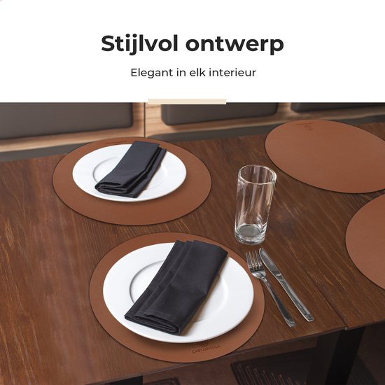 Sets de table Castagnola aspect cuir - Sets de table ronds - Sets de table antidérapants en cuir artificiel - Dessous de verre hydrofuge - Dessous de verre - 6 pièces - Diamètre 38 cm - Marron