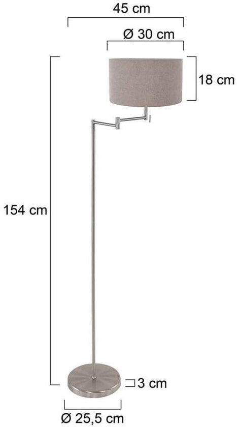 Lampadaire Bella 3879ST couleur acier avec abat-jour en velours gris, rabattable, en métal et textile, hauteur 154 cm, diamètre de l'abat-jour 30 cm - Mexlite