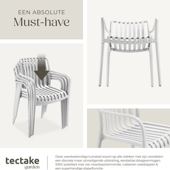 tectake® Lot de 4 chaises de jardin Alcudia - Crème - Chaises en plastique avec accoudoirs - Ensemble de jardin à disposer autour d'une table de jardin ou au camping - Empilables - Chaises pour le jardin, la terrasse ou le balcon - Résistantes aux intempé