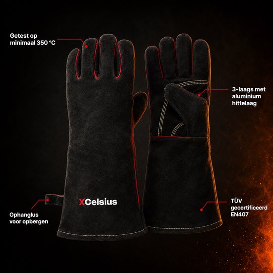 Gants de barbecue XCelsius® en cuir refendu – Certifiés TÜV EN407 – Gants de barbecue et de four résistants à la chaleur – Pour kamado, fonte, grilles et déflecteurs de chaleur – Cadeaux pour hommes – 1 paire – Noir et rouge