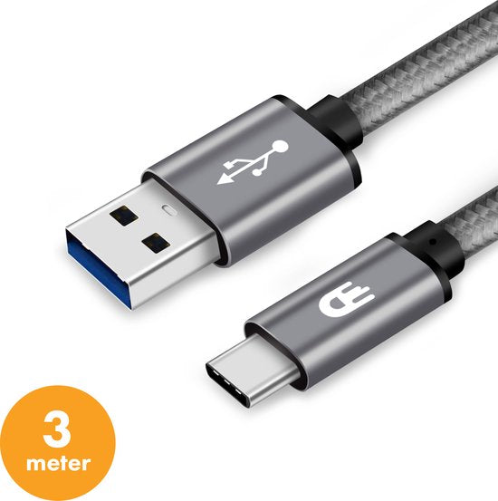 Drivv. Câble USB vers USB C - Chargeur rapide - Câble de données et de charge USB C - 3 mètres - Convient à Samsung, iPhone 15 et autres - Gris spatial