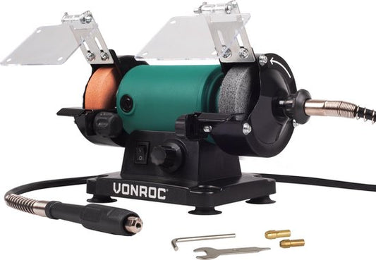 VONROC Meuleuse de table / Multitool - 150W - 75MM - avec arbre flexible - Incl. 1x pierre à poncer & disque de polissage