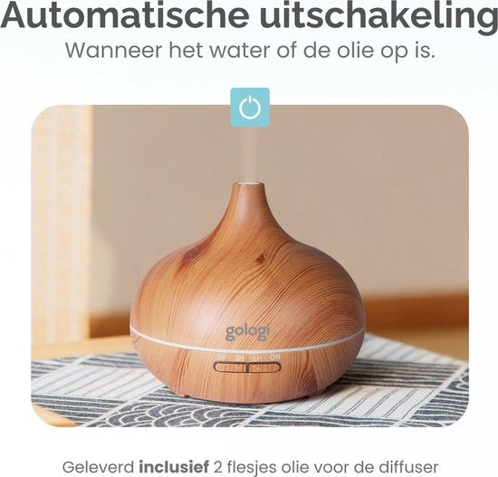Gologi Smart Aroma Diffuser - 550ML - Humidificateur - Diffuseur de parfum - Eclairage LED - 2 huiles essentielles incluses - Marron clair