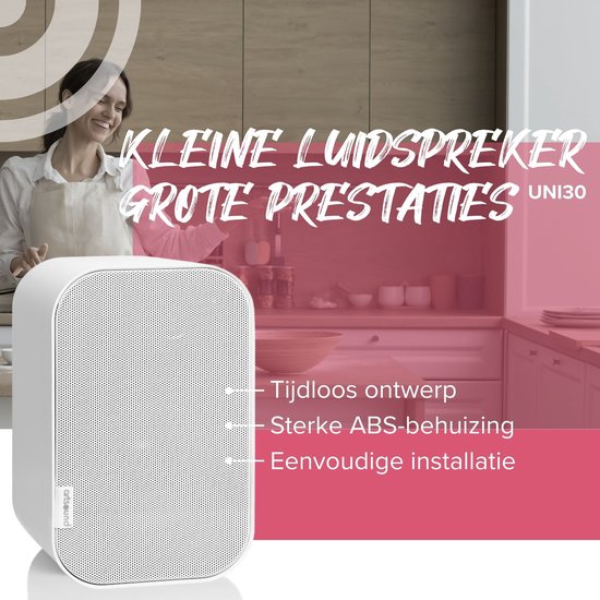 Artsound UNI30, Jeu de 2 haut-parleurs passifs, haut-parleur hi-fi 2 voies, 20-60 watts, support mural avec joint à rotule, convient pour des pièces jusqu'à 40 m² telles que cuisine, café, entrepôt, couleur : blanc