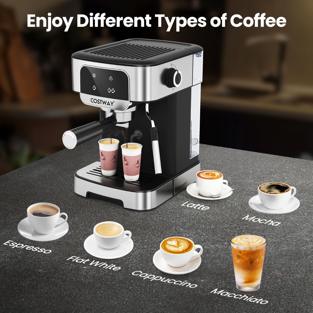 Machine à expresso Coast 20 bars 1 200 W - Mousseur à lait à vapeur - Réservoir d'eau de 1,8 L - Écran tactile - Noir/Argent - 26 x 21 x 28 cm