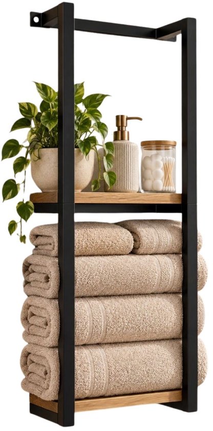 Porte-serviettes Ceruzo à fixation murale – 2 étagères en bois – 28,5 x 14 x 77 cm – Noir