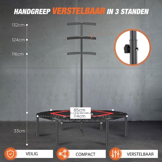 DH FitLife Fitness Trampoline d'intérieur | Ø114cm 45-inch Mini Trampoline pour le Cross Jumping | Capacité de charge 150 KG | Avec 3 positions de poignées réglables | Stabie