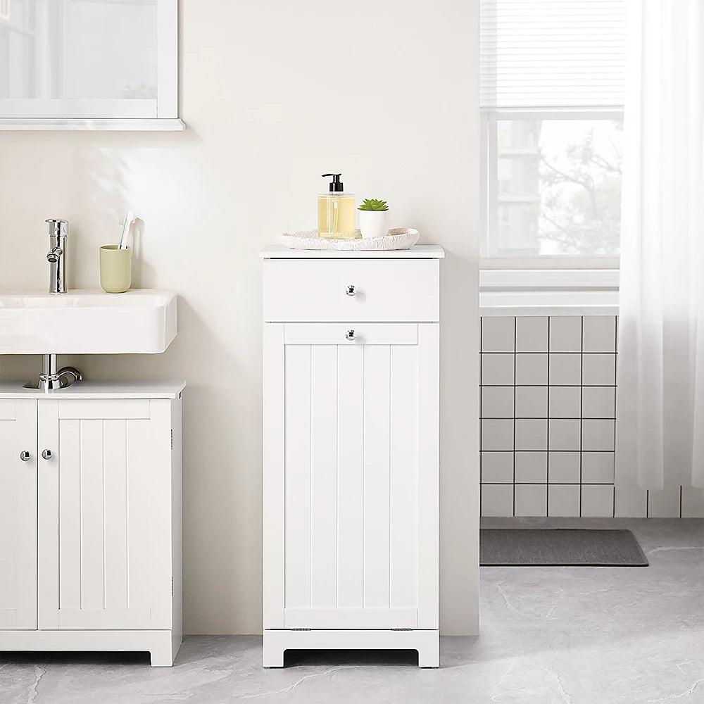Armoire de salle de bains Sobuy avec panier à linge – Équipée d’un panier à linge amovible, d’une porte et d’un tiroir coulissant – Pour salle de bains et buanderie – MDF laqué blanc – 40 x 38 x 90 cm