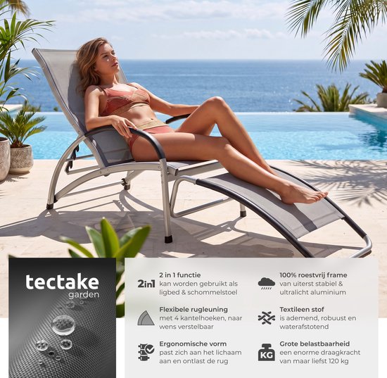 tectake® Transat Avignon - Transat réglable 2-en-1 - Fauteuil à bascule d'extérieur - Structure résistante aux intempéries et tissu imperméable et respirant - Fauteuil de jardin - Fauteuil de balcon - 195 cm de long - Anthracite
