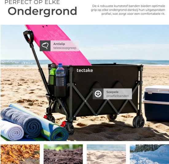 Chariot tectake® - Pliable - Capacité de charge de 80 kg - Roues pivotantes massives avec frein - 45 x 88 x 95 cm - Chariots de transport - Chariot à main - Avec poignée réglable - Chariot à main - Chariot de transport hydrofuge - Avec tablette et compart