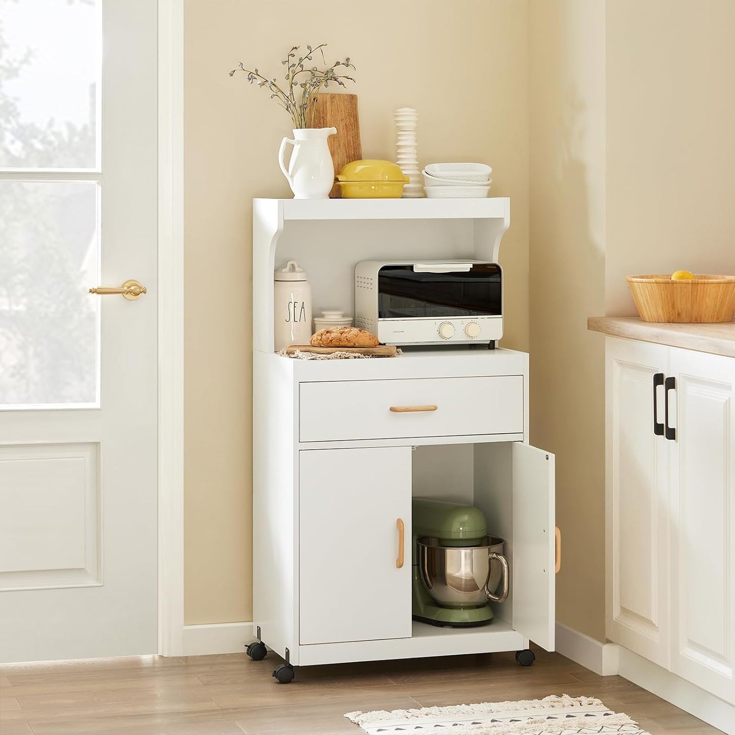 SoBuy Meuble micro-ondes avec 1 tiroir - Max. 60 kg - MDF - Avec roulettes - 62 x 40 x 119 cm - Blanc