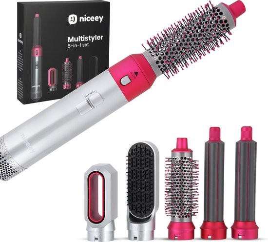 Niceey Brosse pour sèche-cheveux - Fer à boucler 5 en 1 - Airstyler - Multistyler - Brosse coiffante - Fer à boucler avec accessoires - Sèche-cheveux avec brosse - Avec gant - Brosse à boucler - Brosse à cheveux - Modèle 2025 - Gris/Pourpre