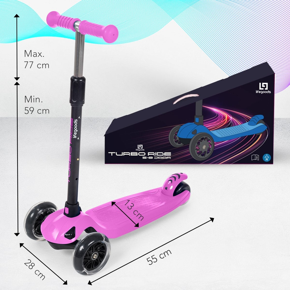 LifeGoods Scooter enfant TurboRide - Étape 5-8 ans - 3 roues lumineuses - Garçons/Filles - Rose