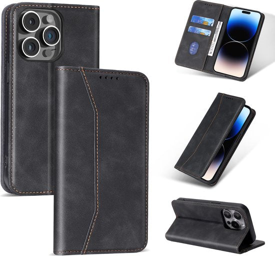 Podec Case with Card Holder Suitable for iPhone 12 Pro Max Black Phone Case - Anti-Shock Bookcase Cover with 1x Screen Protector - Wallet Case