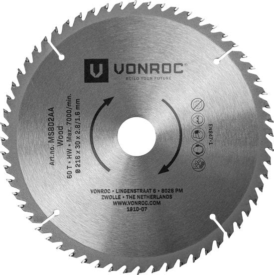 Lame de scie VONROC - Ø216MM - 60 dents - pour bois - convient aux scies circulaires et scies à table