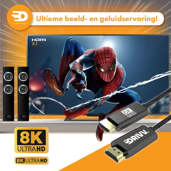 Drivv. Câble HDMI 2.1 8K - Ultra HD High Speed - HDMI vers HDMI - Convient à Xbox Series X & PS5 - 1 mètre - Nylon - Gris